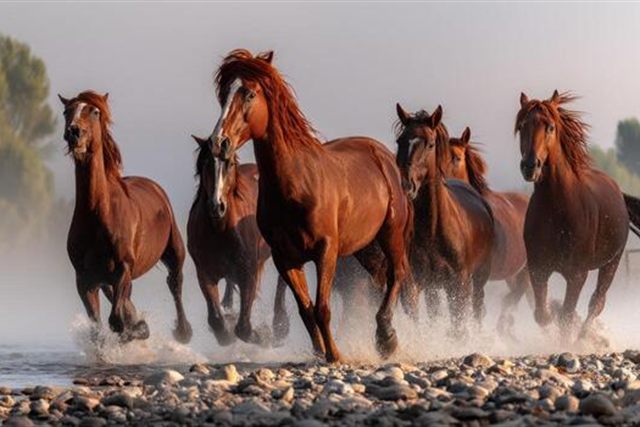 Chevaux au galop traversant une rivière